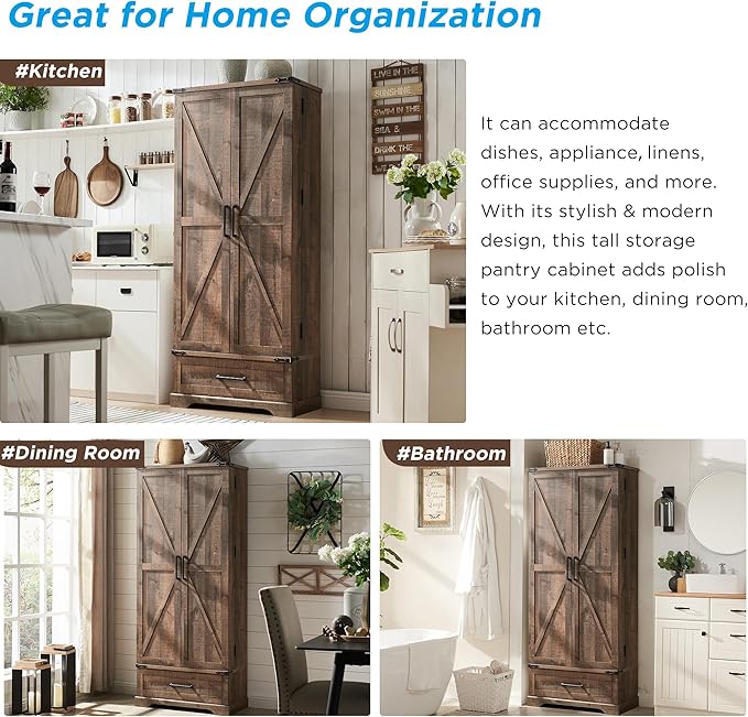 72" Farmhouse Kitchen Pantry Cabinet With Drawer, Tall Storage With 2 Barn Doors and Shelves, Versatile Large Rustic for Dining Room, Bathroom, Living Room, Rustic Brown