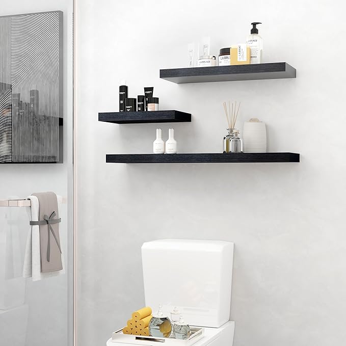 Fun Memories Deep Floating Shelves - 16" W x 9" D x 1.6" H Rustic Black Wall Shelf - Wall Mounted Shelves for Storage - Wooden Shelves with Invisible Brackets for Living Room, Farmhouse - Set of 2