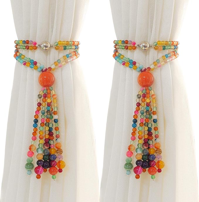 Magnetic Curtain Tiebacks, 2 Pack Colorful Agate Tassel Curtain Drapery by PEDOBO