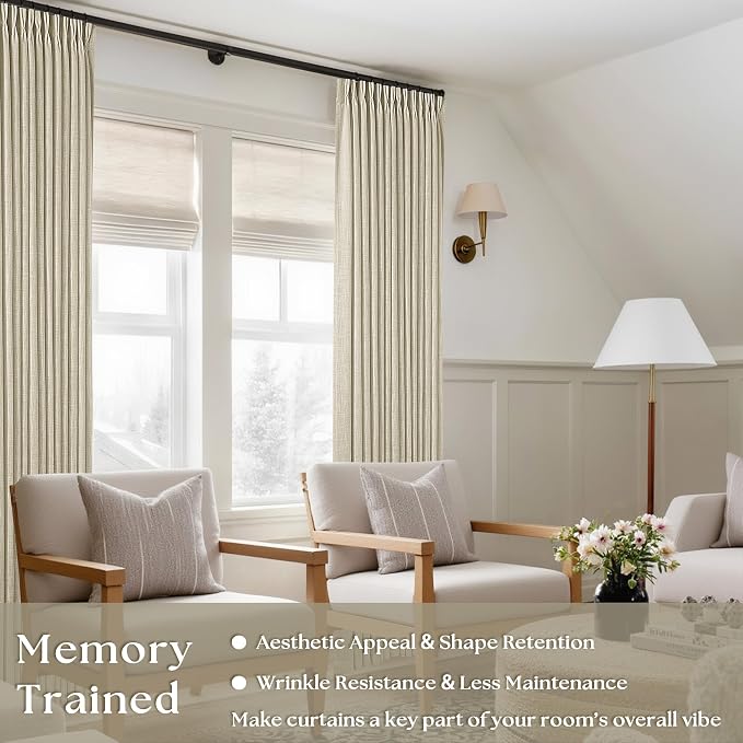 Beige Pinch Pleated Linen Curtains 120 Inches Long 2 Panels | Memory Training - Image 2