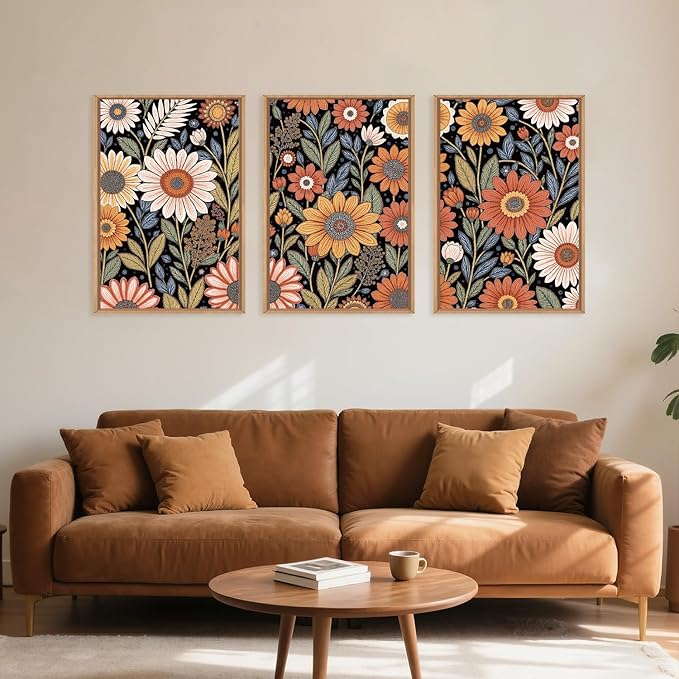 LHIUEM Large Abstract Boho Flower Framed Canvas Wall Art Set,Vintage Colorful Floral Wall Decor,Retro Wildfower Plant Painting,Botanical Artwork for Living Room,Bedroom,Dining Room,Office -16"x24"x3