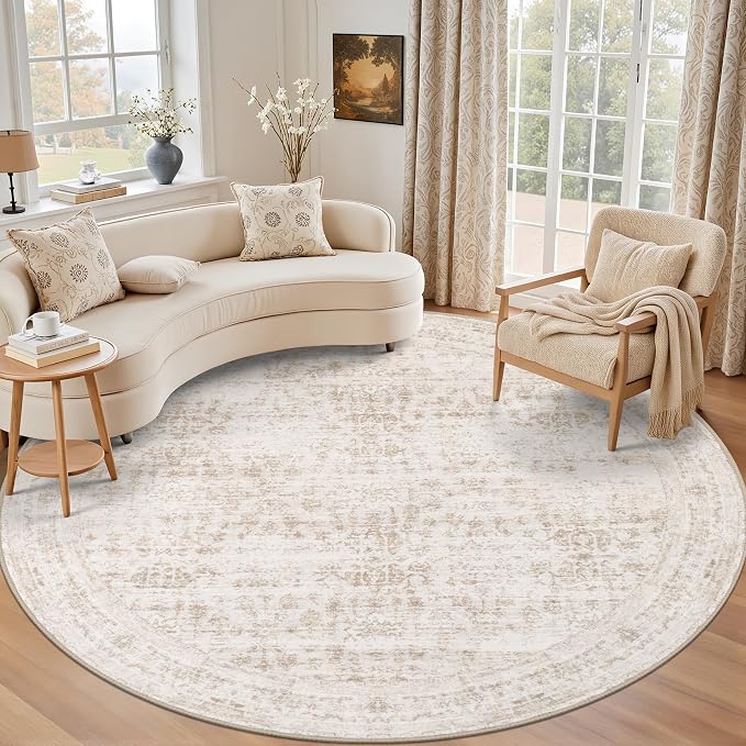 Round Area Rug for Living Room: 8ft Boho Washable Rug Beige Brown | Vintage by EXPEDIX