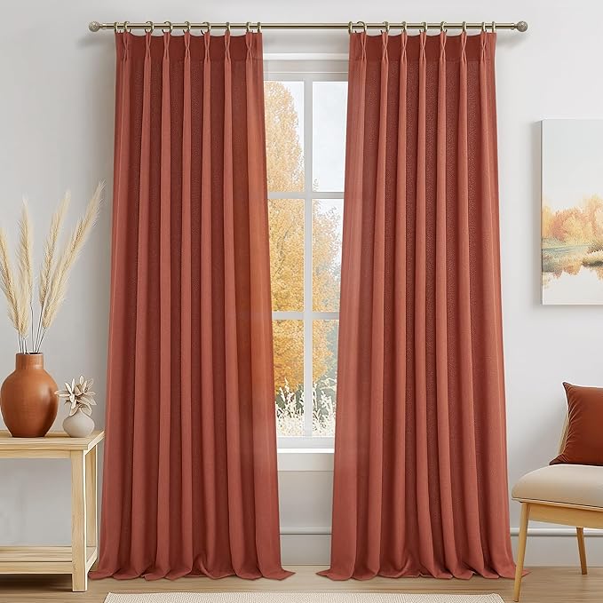Pinch Pleated Burnt Orange Semi Sheer Curtains 102 Inches Long 2 Panels Set by PleatedDrapes