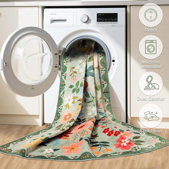 PLHXFR 2x6 Washable Runner Rug：Floral Indoor Kitchen Soft Carpet Green | - Image 7