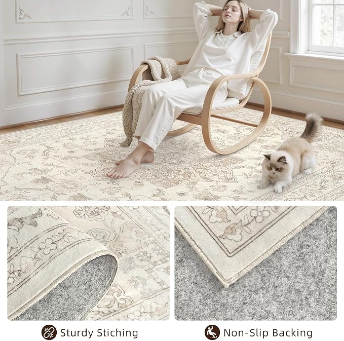 4x6 Area Rugs Living Room: Bedroom Washable Carpet Beige White | Vintage Boho - Image 4
