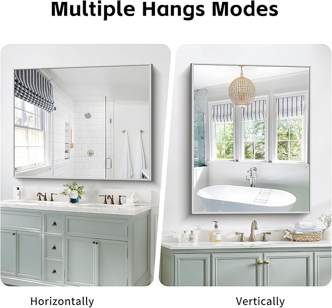 40x48inch Silver Bathroom Mirror, Silver Rectangle Mirror with Frame, Large Rectangular Wall Mirrors for Bathroom, Living Room, Hair Salon, Big Farmhouse Mirror Hang Horizontal/Vertical