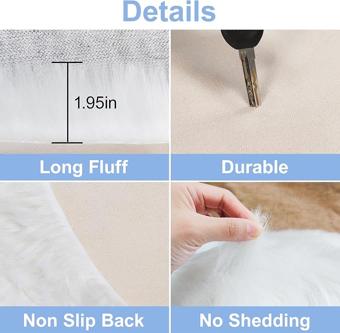 4 ft Fluffy White Round Rug for Bedroom, Furry Faux Sheepskin Fur White Circle - Image 4