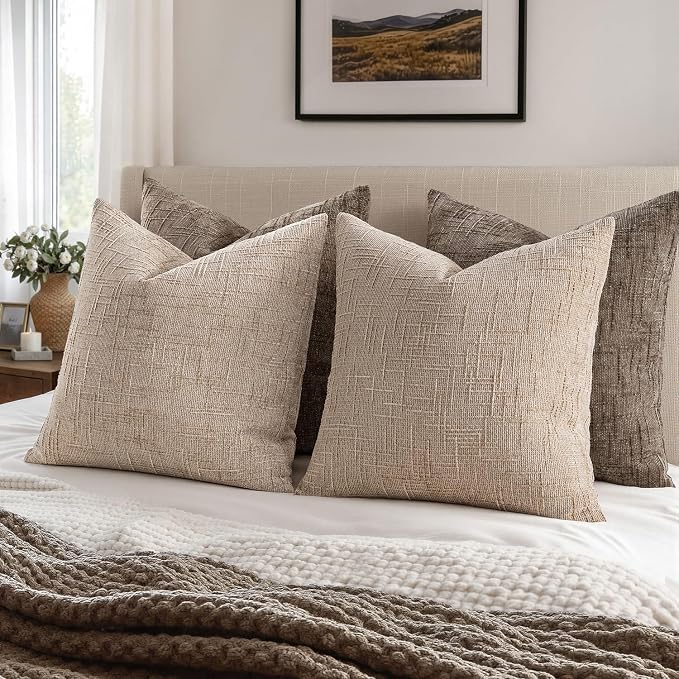 MIULEE Chenille Textured Euro Throw Pillow Covers Oatmeal 22x22 Set of 2 | - Image 5