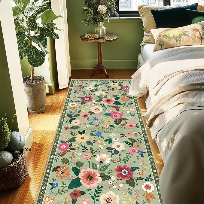 Floral Washable 2x8 Area Rugs Runner Entryway Hallway LightGreen | Flower - Image 2