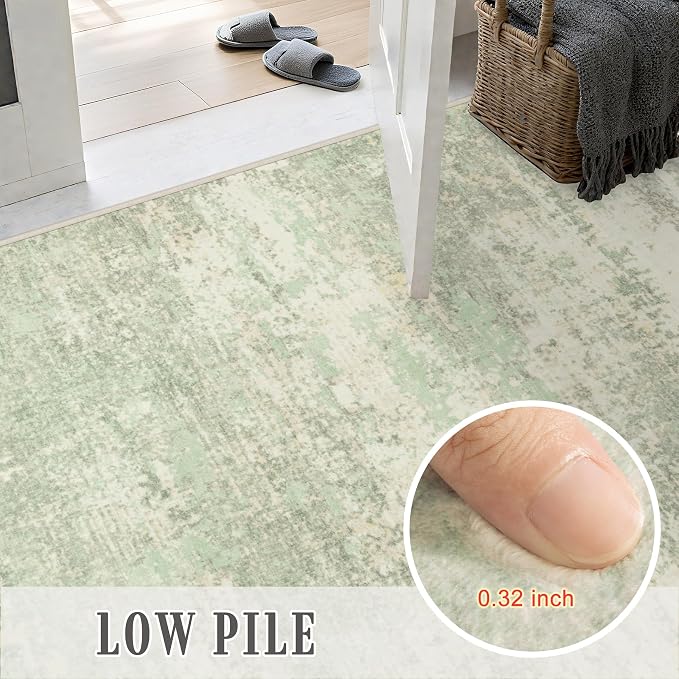 2.6x14 Washable Runner Rug:Modern Abstract Soft Carpet Green Cream | - Image 7