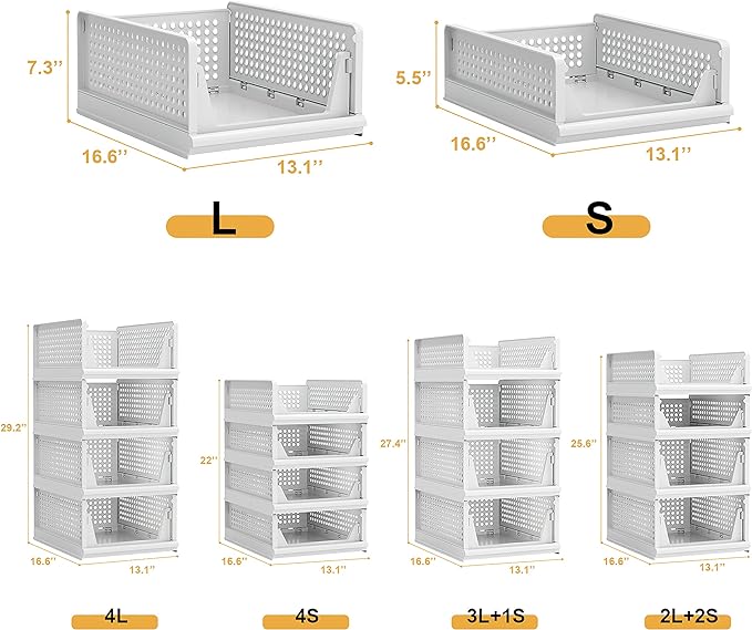 Stackable Plastic Storage Basket Closet Organizer Bin Foldable Clothes Organizer Storage Drawer Shelf Container for Living Room Bathroom Kitchen Office Laundry Room