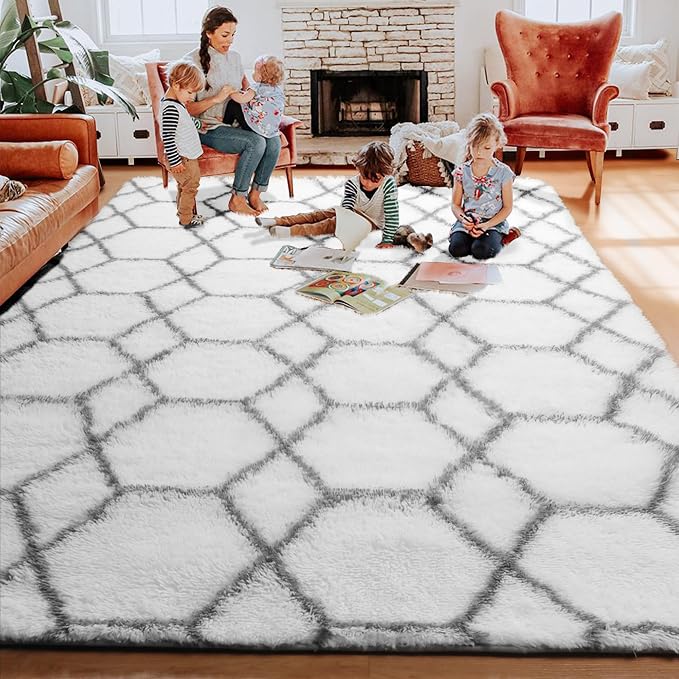 Area Rugs for Bedroom Living Room, 4x6 Fluffy White and Grey Geometric Rug | - Image 8