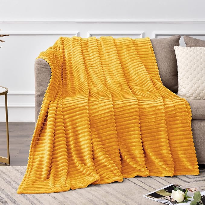 BEDELITE 3D Ribbed Mustard Yellow Fleece Twin Blanket - Image 2