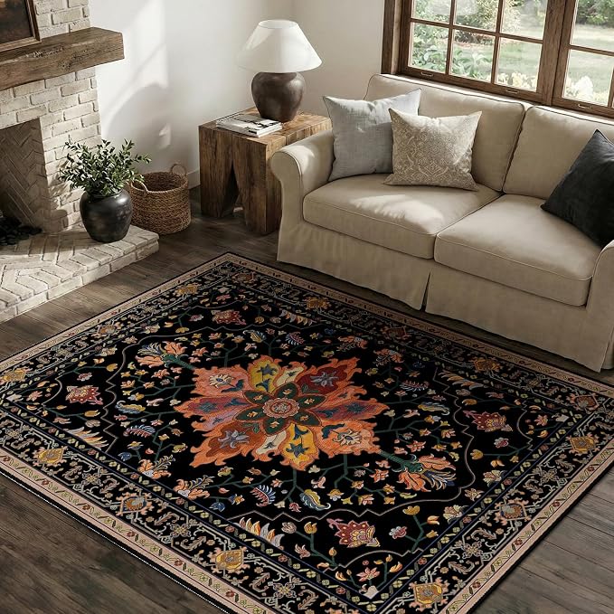 Area Rugs 4'x5' Washable Non-Slip, Floral Vintage Distress Print Pattern - Image 3