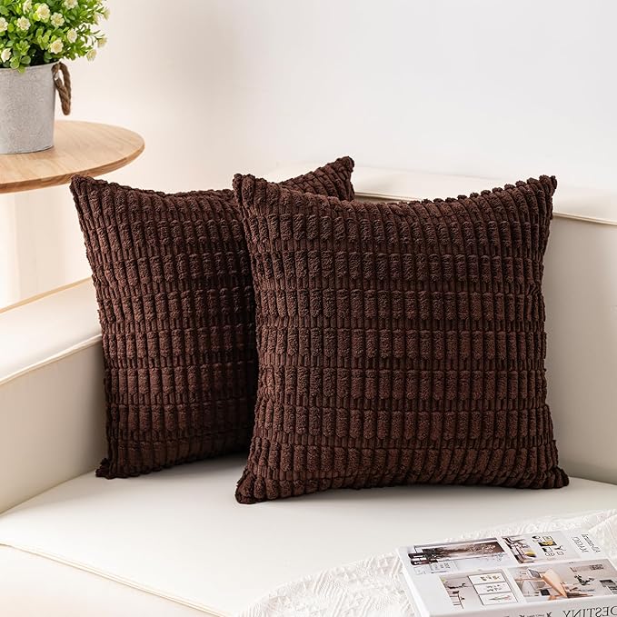 Pack of 2 Corduroy Decorative Throw Pillow Covers 22x22 Inch, Dark Brown | Fall by Unknown