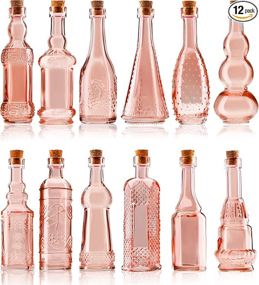 Small MIni Reddish Vintage Glass Bottles with Corks, MIni Vases, Decorative, Potion, Assorted Design Set of 12 pcs, 4.6 Inch Tall (11.43cm), 1.4 Inch Wide (3.56cm)