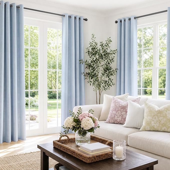 100% Blackout Linen Textured Curtains 96 Inch Long, Chambray Blue | 100% - Image 2