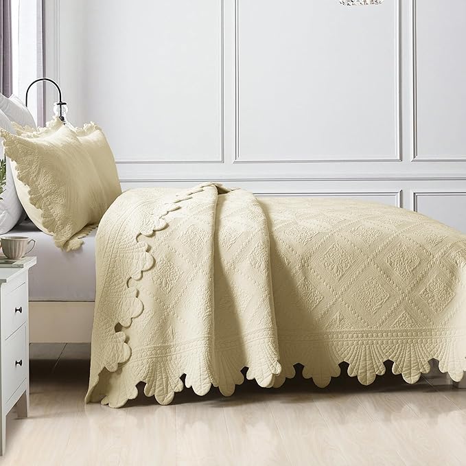 MarCielo 3-Piece 100% Cotton Oversized Bedspread Lightweight Quilt Coverlet Embroidery Farmhouse Bedding Set (Tk Beige Khaki, Oversized King (118"x106"))