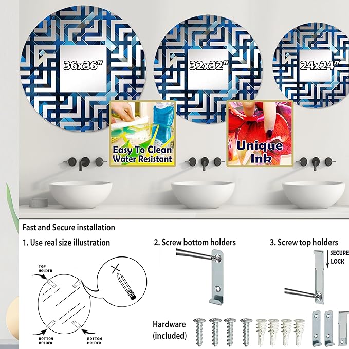 Symmetric Cubes in Deep Cobalt Blue - Geometric Maze - 24 Inches - Round Decorative Wall Mirror for Bathroom, Bedroom, Entryway, Living Room, Vanity Room and Modern Décor