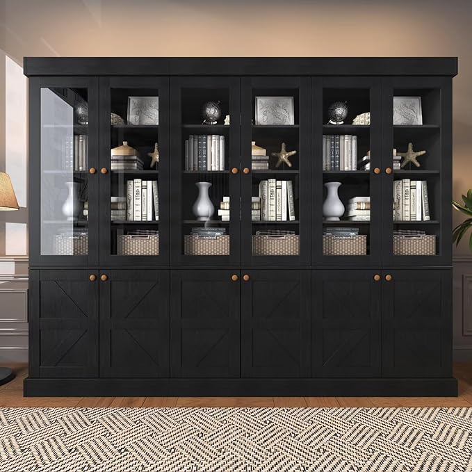Vyre 71" Tall Farmhouse Bookshelves with Glass Doors, Set of 4 – Large Modular Bookcase with Adjustable Shelves, Storage Cabinet for Living Room, Kitchen, Home Office, Black