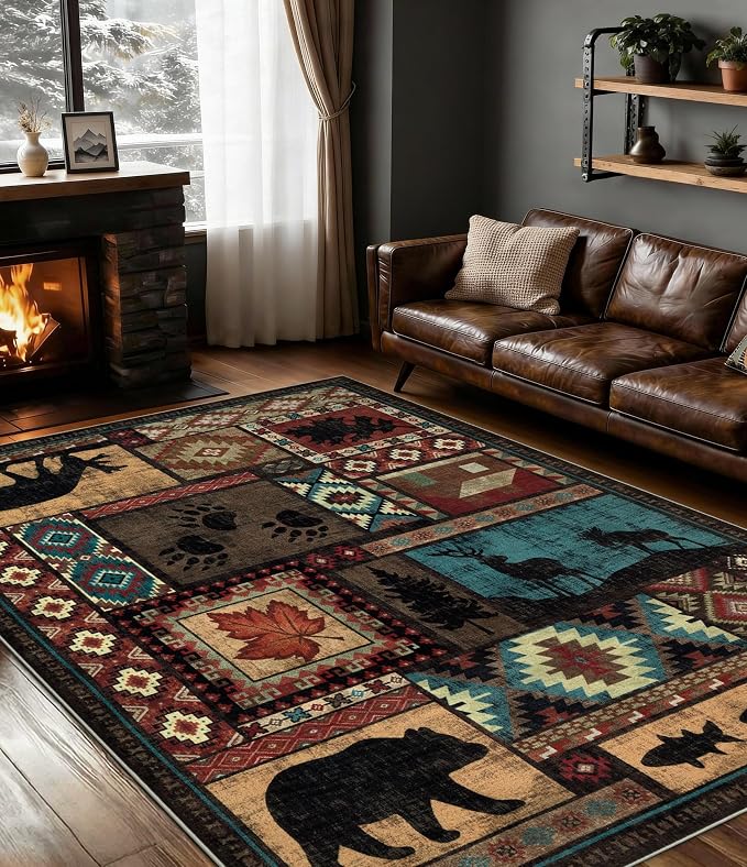 YIHOUSE Rustic Cabin Area Rug 5x7, Machine Washable Lodge Bear Rug, Non-Slip by YIHOUSE