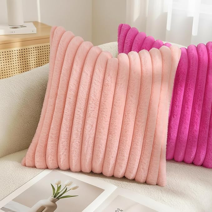 decorUhome Fall Faux Fur Throw Pillow Covers 16x16 Set of 2 Blush Pink | - Image 4