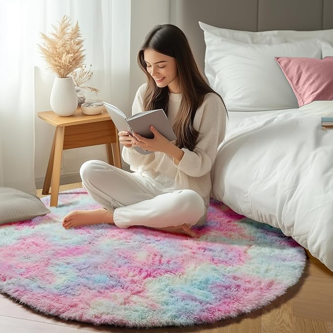 Rainbow Round Rugs 6ft for Living Room Bedroom, Fluffy Circle Area Rug for Kids - Image 6