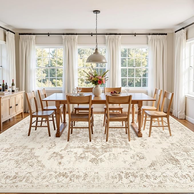 6x9 Area Rugs Living Room: Bedroom Washable Carpet Beige/Ivory | Vintage Boho - Image 9