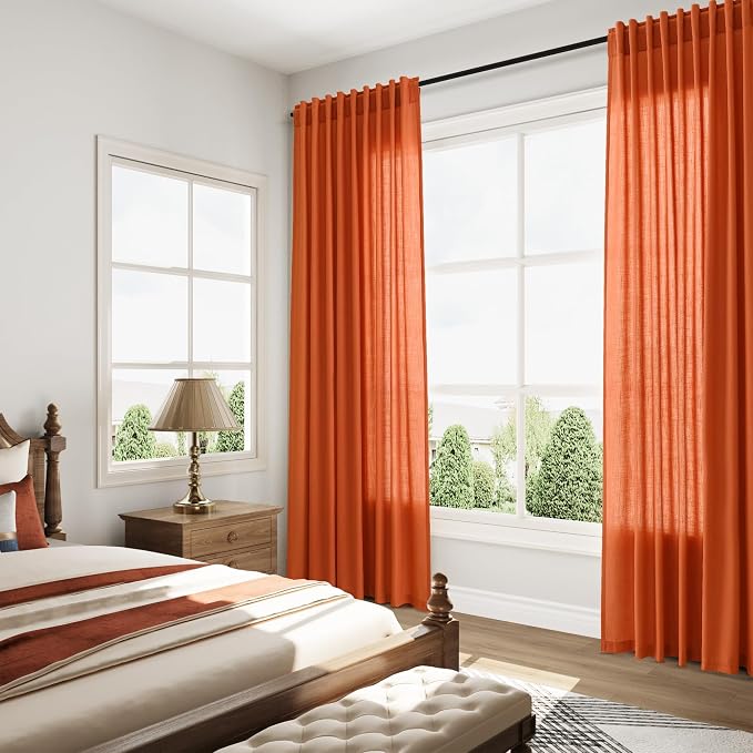 Nanspring Bright Orange Linen Blend Light Filtering Back Tab Curtains 102 - Image 8