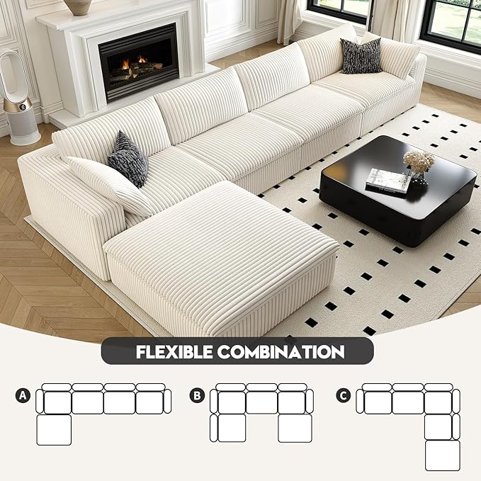 157.5" Cloud Couch Modular Sectional Sofa for Living Room,Modern Sofa with Deep Seat，L-Shape Boneless Couch with Ottoman,Comfy Upholstered Corduroy Couches for Apartment, Studio, Office,Bedroom，White