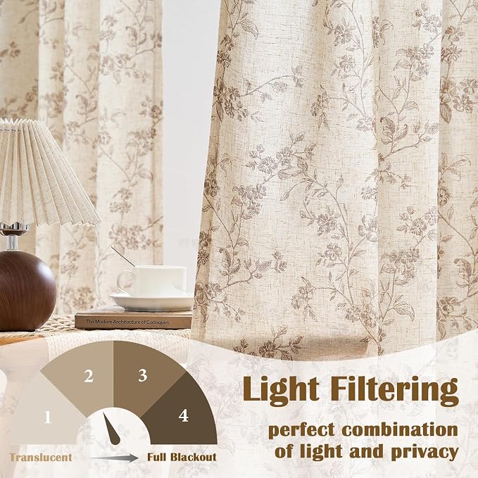 Lazzzy 90 Inch Curtain for Living Room Taupe Floral Drapes Linen for Bedroom - Image 3
