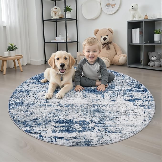 Round Area Rug Living Room: 4 ft Modern Washable Carpet Blue | - Image 2