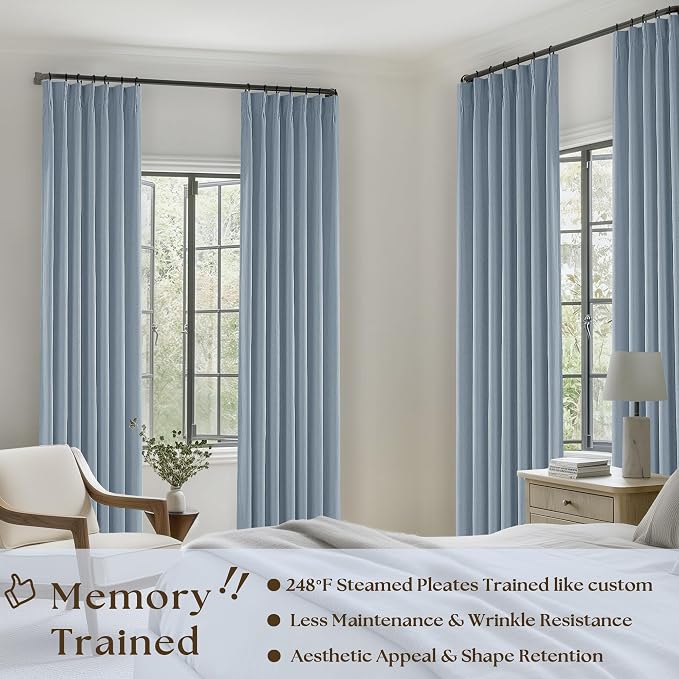 Dusty Blue 100% Black Out Pinch Pleated Linen 63 Inch Curtains - Image 7