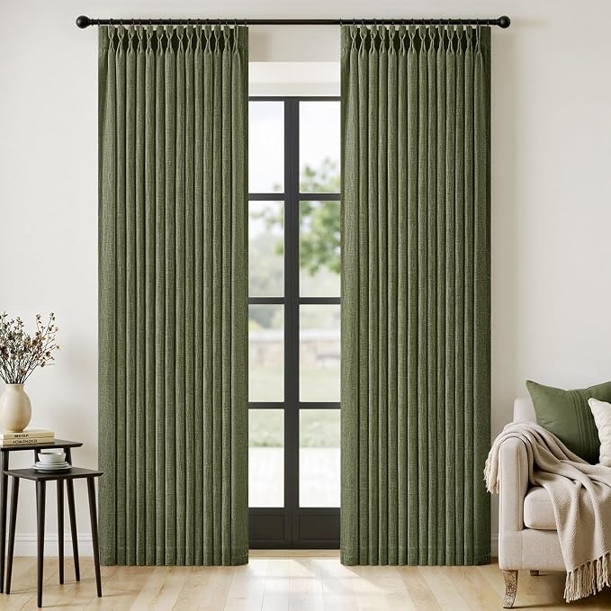 MIULEE Olive Green Pinch Pleated Linen Curtains 90 Inches Long 2 Panels by MIULEE