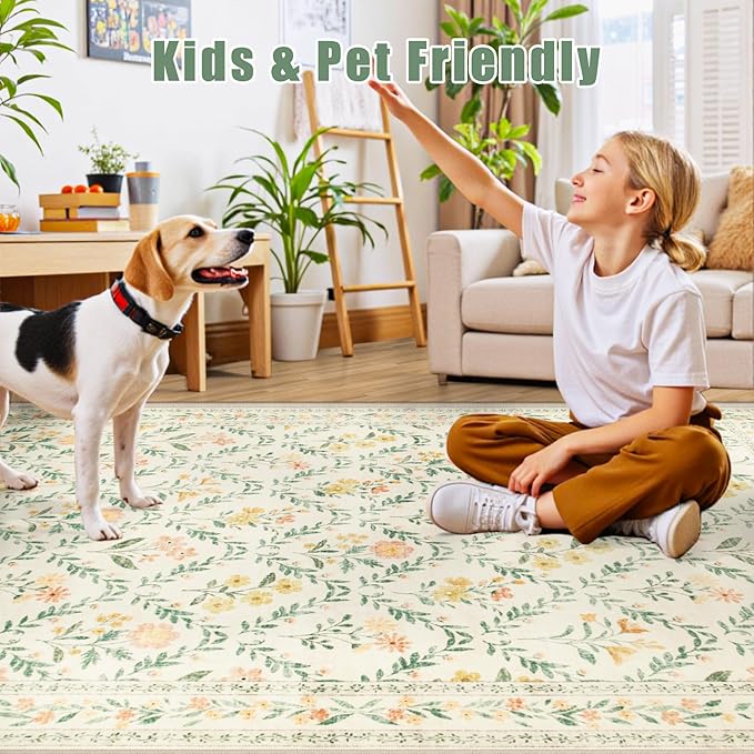 PLHXFR Area Rug 10x12 Living Room: Floral Washable Boho Carpet Beige Multi | - Image 7
