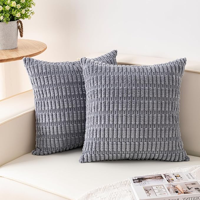 Pack of 2 Corduroy Decorative Throw Pillow Covers 24x24 Inch, Light Grey | Fall by Unknown
