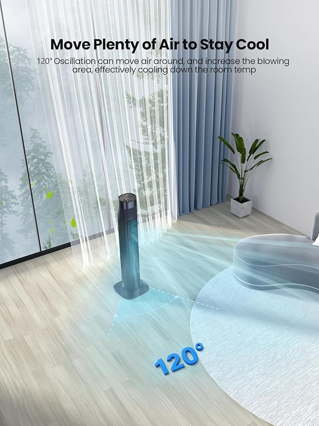 Uthfy 31 Inch Tower Fan for Bedroom, 120° Oscillating Quiet Standing Bladeless Fan With Remote, 7.5H Timer, 3 Speeds, 3 Modes, for Room, Dorm, Office, Black