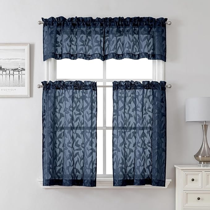 Lecloud Leia Navy Blue Sheer Curtains 2 Pieces, 30 Inch Short Curtains - Image 3