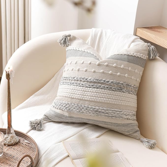 Gray Boho Decorative Throw Pillow Cover 18x18 Square Farmhouse Accent Cushion - Image 8