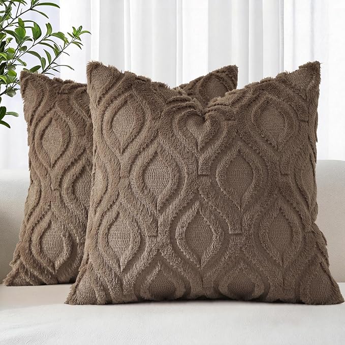 decorUhome Throw Pillow Covers 20x20 Inch Set of 2, Soft Plush Faux Wool Brown by decorUhome