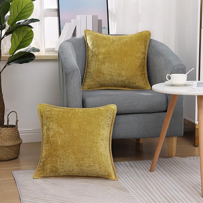 decorUhome Chenille Soft Throw Pillow Covers 22x22 Set of 2, Farmhouse Velvet Neutral Decorative Euro Pillow Covers with Stitched Edge for Couch Sofa Bed Home Decor, Mineral Yellow