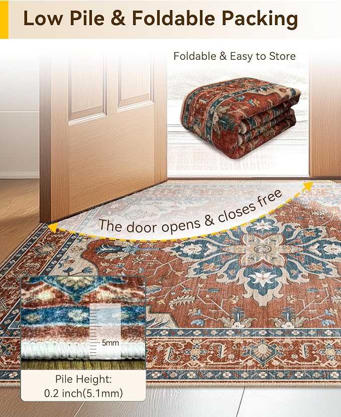 Area Rugs 6'x9' Washable Non-Slip, Floral Vintage Distress Print Pattern - Image 3