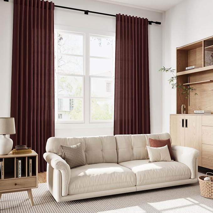 Extra Long Curtain Reddish Brown Morden Linen Blend Light Filtering Back Tab - Image 7