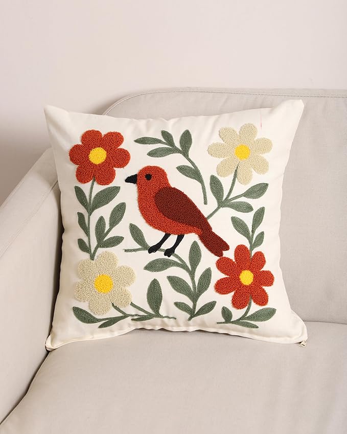 Throw Pillow Cover with Bird Embroidery – 18x18 inch Handmade Punch Needle Cushion Cover – 100% Cotton Decorative Pillow for Couch, Bed or Living Room – Boho Nature-Inspired Home Decor