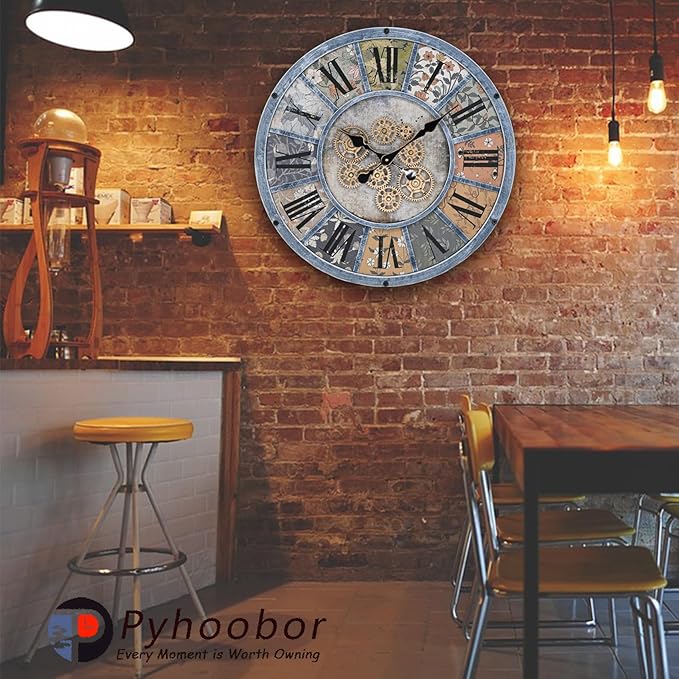 Unique Moving Gear Large Round Wall Clock 21inch-Battery Powered. Retro Industrial Steampunk Country Farmhouse Decor for Living Room Kitchen Bars cafes Offices(Blue/metal/21)