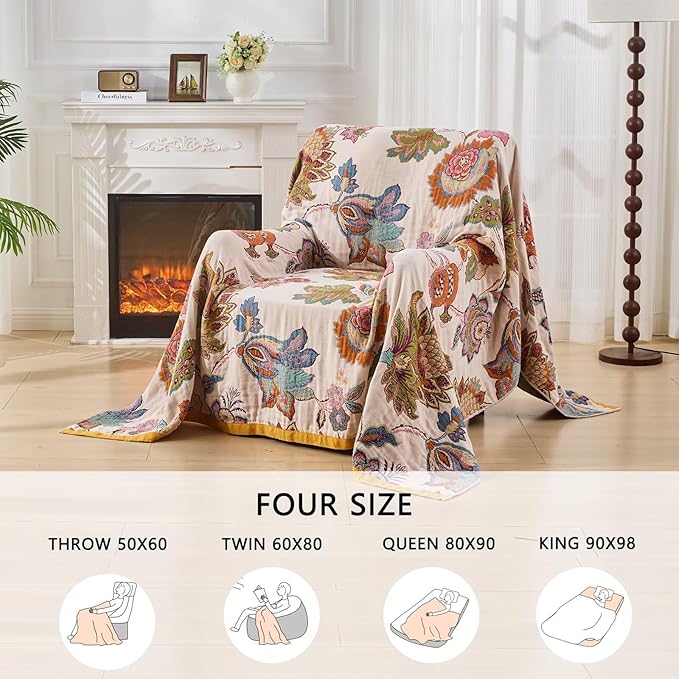 Boho Throw Blanket for Bed Couch 100% Cotton Woven Bed Throws for Summer, Lightweight and Soft Cozy Farmhouse Reversible Muslin Decorative Blanket for Travel Picnic, Teal/Cream, 80"x90"