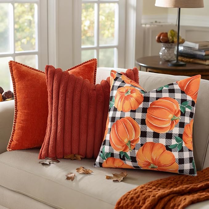 decorUhome Fall Orange Pumpkin Decorative Throw Pillow Covers 20x20 Set of 2, Buffalo Plaid Check Farmhouse Cushion Covers for Autumn Harvest Couch Sofa Bed Home Decor