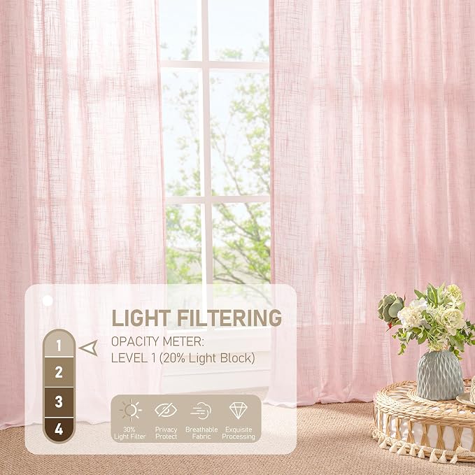 Pink Linen Curtains for Living Room 96 Inch, Light Filtering Panels | Semi Sheer - Image 4