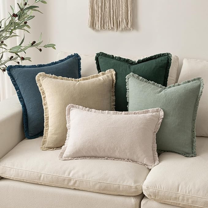MIULEE Boho Linen Fringe Decorative Throw Pillow Covers Beige 20x20 | Set of 2 - Image 5