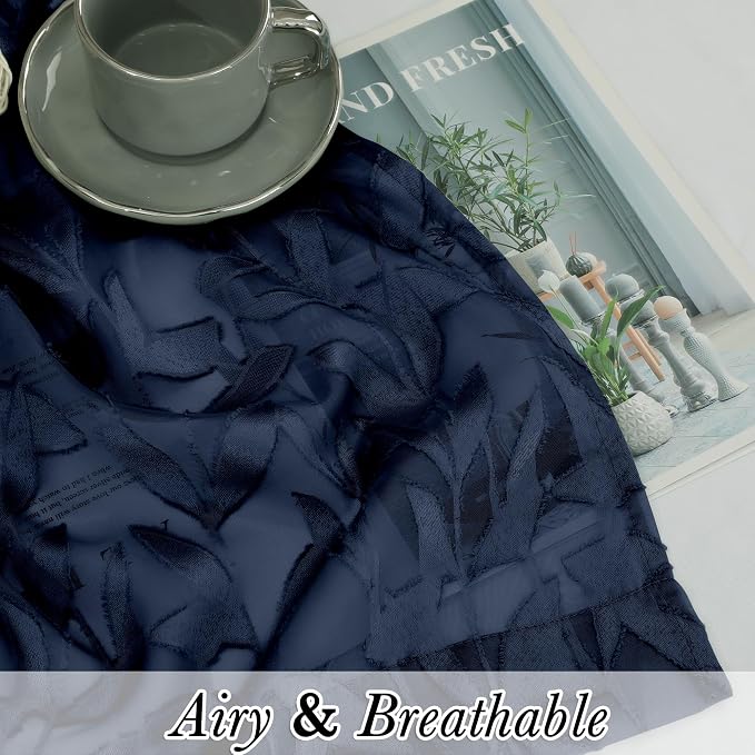 Lecloud Leia Navy Blue Sheer Curtains 45 Inch Length 2 Pcs, Dual Rod Pocket - Image 2